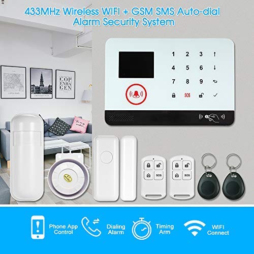 OWSOO 433MHz Sistema de Alarma GSM SMS, Pantalla LCD, Control Remoto de Phone APP, Alarma de Marcación Automática, con Sensor de Puerta/Sensor de Movimiento/Control Remoto/Tarjeta RFID/Sirena Cableada