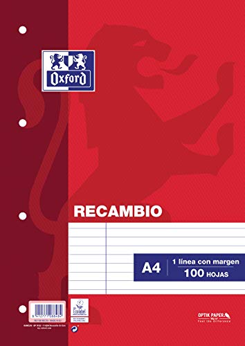 Oxford 100430210 - Recambio de rayas para carpeta A4, 100 hojas, 90 g, con margen