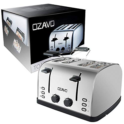 OZAVO Tostadora 4 Ranuras, Tostadora para Tostada Pan de Acero Inoxidable Automática 4 Discos, con Bandeja Extraíble, Soporte para Calentar Pan Descongelar, 7 Niveles de Tostado, 1250-1500W