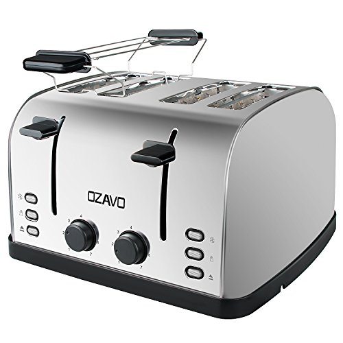 OZAVO Tostadora 4 Ranuras, Tostadora para Tostada Pan de Acero Inoxidable Automática 4 Discos, con Bandeja Extraíble, Soporte para Calentar Pan Descongelar, 7 Niveles de Tostado, 1250-1500W