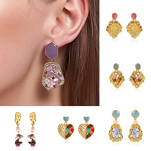 P12cheng Pendientes de tuerca coreanos retro, bisagra con incrustaciones de incrustaciones de piedra triturada natural irregular, geométrica irregular, joyería peligrosa para mujeres y niñas 10