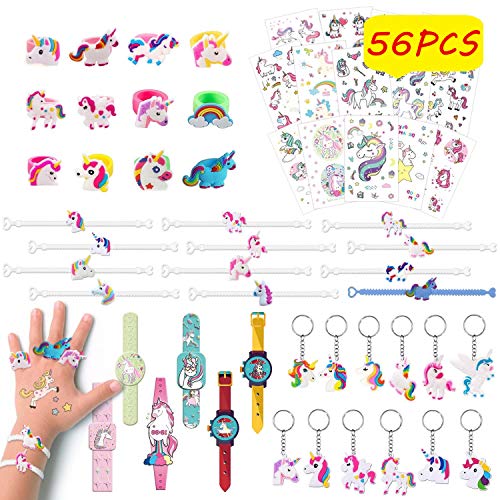 Pachock 56pcs Regalos piñatas de cumpleaños Infantiles Incluye llaveros de Unicornio,Pulseras ,Anillos , Tatuajes temporales, de Infantiles del Partido Favor Juguetes de Fiesta a Granel