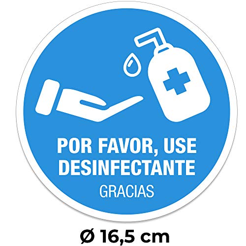 Pack 2 señales adhesivas"obligatorio uso de gel desinfectante y lavado de manos" texto en español | 2 unidades de 16 cm