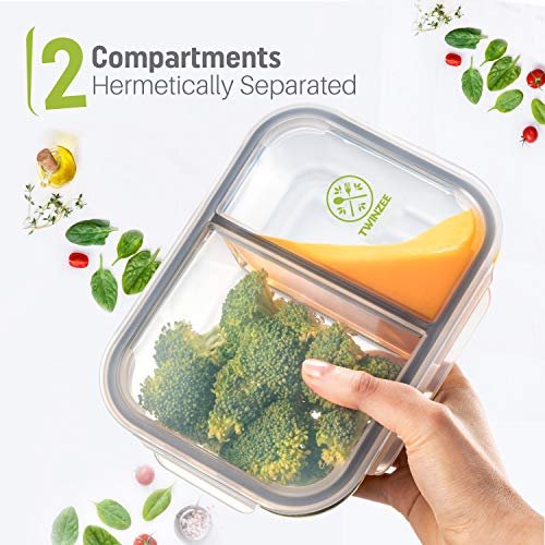 Pack 4 Recipientes de Cristal para Alimentos, 2 Compartimentos Herméticos, Tamaño XL 1040ml - Recipiente Cristal sin BPA para comidas - Meal Prep Comidas, Conservación, Congelación Alimentaria