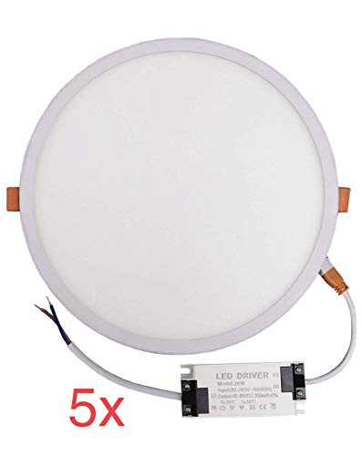 Pack 5x Panel LED redondo plano, 20w, CORTE AJUSTABLE (50-200mm). Color Blanco Neutro (4500K).1800 lumenes. A++