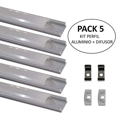 Pack 5x Perfil de Aluminio 1m para Tira de LED con Cubierta Blanca Lechosa. Los tapones de los extremos y los clips de montaje de metal están incluidos en el Pack. (PACK X5)