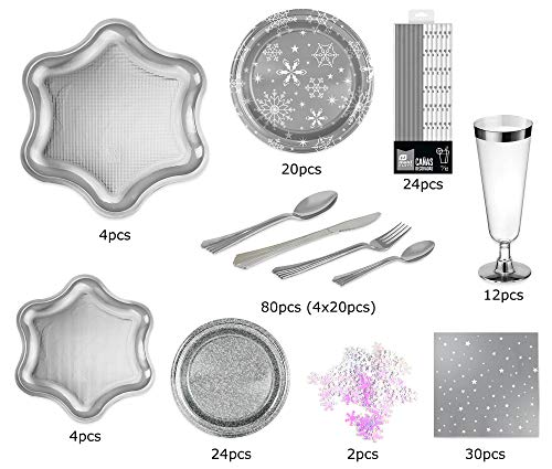 [Pack ahorro] Kit de vajilla desechable elegante con decoración de mesa para navidad ideal para fiestas - Plata - Incluye platos, cubiertos, bandejas, servilletas y confetti decorativo - 20 personas