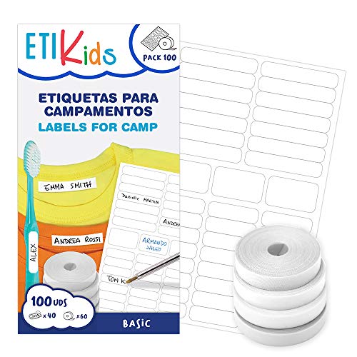 PACK BASIC: 60 Etiquetas blancas de tela termoadhesiva + 40 adhesivas blancas para personalizar ropa y todo tipo de objetos