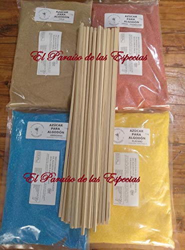 Pack cuatro Sabores Colores para Algodón de Azúcar - 4 Kilos de Azúcar Celeste Arandano , Amarillo Plátano , Rosa Fresa y Marrón Cola - REGALO 50 Palos Cuadrados de 40 cm