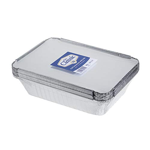 Pack de 10 moldes de aluminio desechables rectangulares de 1 litro con tapa ~ Bandejas de aluminio con tapa ~ Bueno para hornear, cocinar, almacenar y congelar ~ 15 cm x 21 cm