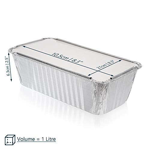 Pack de 10 recipientes desechables de aluminio de 1 litro con tapas, bandejas de papel de aluminio con tapas, buenas para hornear, cocinar, almacenar y congelar. Tamaño de la pan: 10,5 cm x 21 cm.