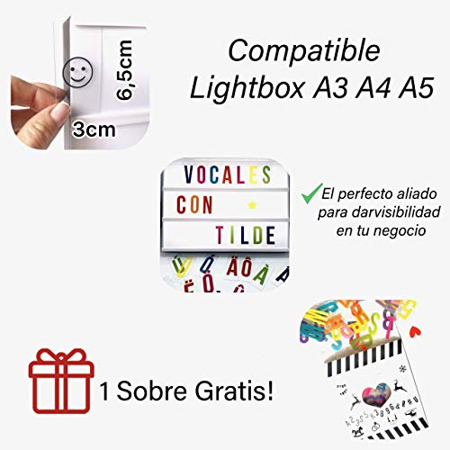 Pack de 114 Letras Decorativas en VARIOS COLORES para Cajas de Luz Led o Lightbox A4 y compatible con el Tamaño A5 y A3. Vocales Acentuadas y Emojis. (Sin Caja Luz)