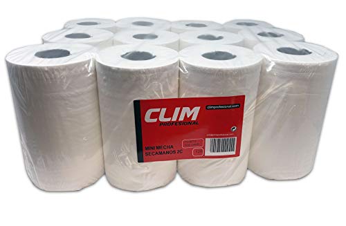 Pack de 12 rollos de papel secamanos MINI mecha Clim Profesional®. Papel extrablanco de 2 capas y precortado