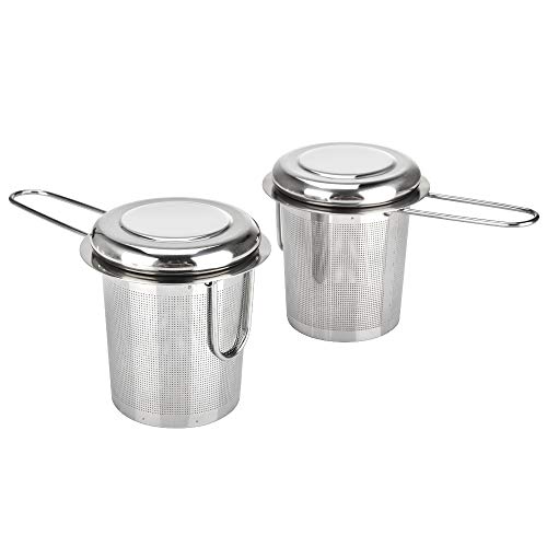 Pack de 2 Infusor de Té en Acero Inoxidable Colador Filtro con Tapa y Asa para Tazas de Té Café Ollas Té a Granel Hojas de Té Sueltas, con Cucharada de Té y Bandejas de Goteo