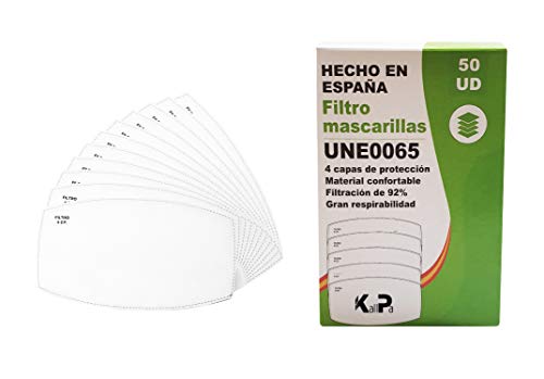 Pack de 50 filtros para mascarillas - adultos - 4 capas de protección - 92% de filtración - fabricados en ESPAÑA