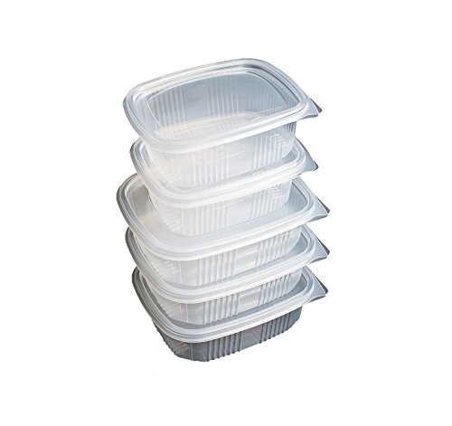 Pack de 50 recipientes desechables con tapa, para alimentos.APTO MICROONDAS.1000 cc PP 156x126x60 mm