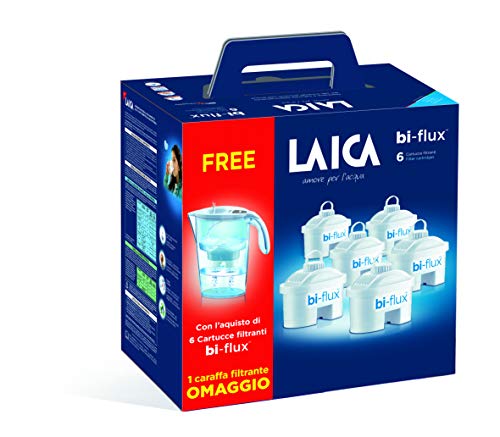 Pack de 6 filtros Laica bi-flux + 1 jarra de regalo. El filtro bi-flux reduce la cal y el cloro, mejorando el sabor del agua del grifo, dura 150 litros/1 mes, compatibles con las jarras Brita y otras