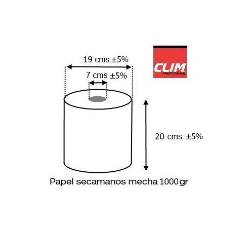 Pack de 6 rollos de papel secamanos tipo mecha 2 capas Clim Profesional®. Rollos de papel secamanos de 130 metros de papel extrablanco, suave y de doble capa laminado y precortado.