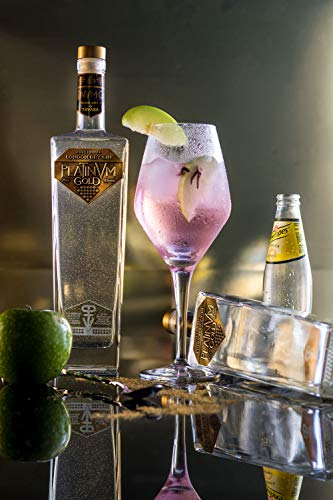 Pack London Dry Gin Platinvm Gold con Oro y dos elegantes copas para degustarla - ideal regalo día del padre, San Valentín, Navidad, cumpleaños, aniversario, corporativo