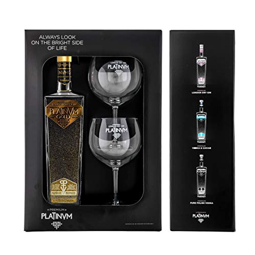 Pack London Dry Gin Platinvm Gold con Oro y dos elegantes copas para degustarla - ideal regalo día del padre, San Valentín, Navidad, cumpleaños, aniversario, corporativo