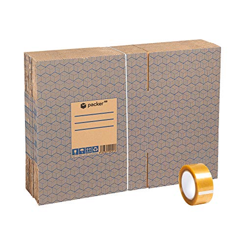 Packer PRO - Pack 10 Cajas Carton para Mudanzas y Almacenaje con Asas + Precinto Adhesivo 430x300x250mm