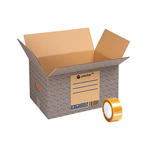 Packer PRO - Pack 10 Cajas Carton para Mudanzas y Almacenaje con Asas + Precinto Adhesivo 430x300x250mm