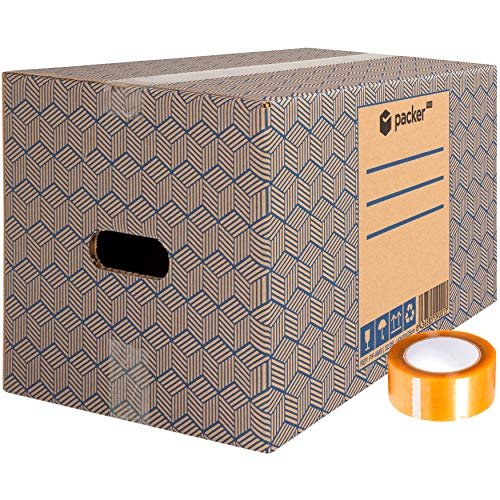 Packer PRO - Pack 10 Cajas Carton para Mudanzas y Almacenaje con Asas + Precinto Adhesivo 430x300x250mm