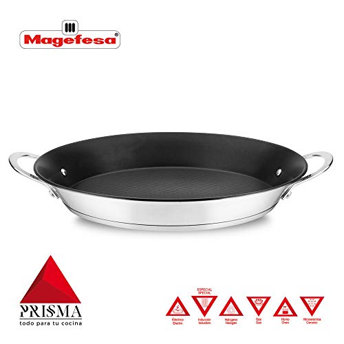 PAELLERA MAGEFESA Prisma. PAELLERA Fabricada en Acero Inoxidable, Antiadherente Triple Capa, Apta para Todo Tipo de Cocina, INDUCCIÓN. Fácil Limpieza. Apto para lavavajillas y Horno (PAELLERA, 34_cm)