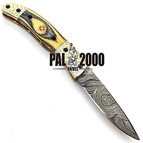 PAL 2000 Cuchillo Plegable, Navaja de Bolsillo, Cuchillo Hecho a Mano Personalizado, Cuchillo de Acero de Hoja de Damasco, con Funda de Cuero, Cuchillo Hecho a Mano, Cuchillo Forjado a Mano 9597