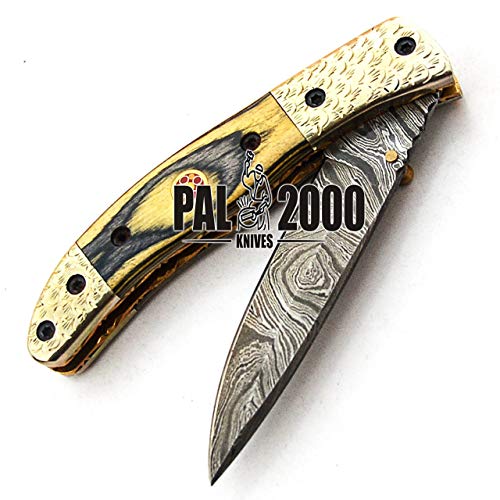 PAL 2000 Cuchillo Plegable, Navaja de Bolsillo, Cuchillo Hecho a Mano Personalizado, Cuchillo de Acero de Hoja de Damasco, con Funda de Cuero, Cuchillo Hecho a Mano, Cuchillo Forjado a Mano 9597