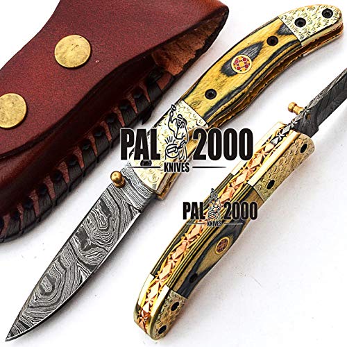 PAL 2000 Cuchillo Plegable, Navaja de Bolsillo, Cuchillo Hecho a Mano Personalizado, Cuchillo de Acero de Hoja de Damasco, con Funda de Cuero, Cuchillo Hecho a Mano, Cuchillo Forjado a Mano 9597