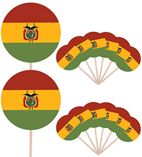 Palillos para magdalenas con diseño de la bandera de Bolivia, decoración de pie (paquete de 14)