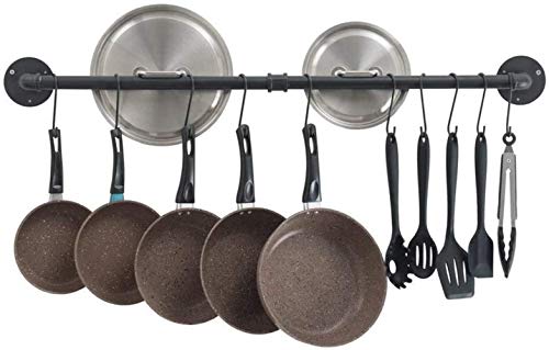 Pan Pot Pared Rack, Bastidores de Cocina for ollas y sartenes con 10 Ganchos, Negro, 12 x 80 cm