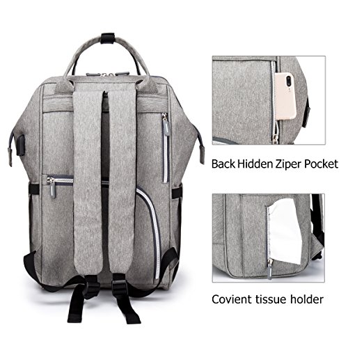 Pañal Bolso Mochila, Gran Capacidad Mochila de Pañales Bolso de Viaje, Impermeable Bolsa de Pañales con Aislado Bolsillos para Cuidado de Bebé y Mamá-Gris