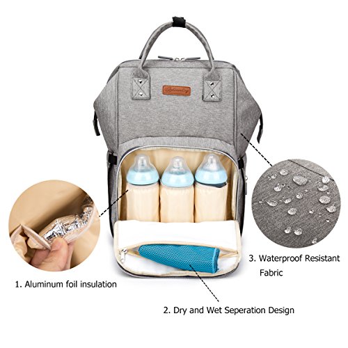 Pañal Bolso Mochila, Gran Capacidad Mochila de Pañales Bolso de Viaje, Impermeable Bolsa de Pañales con Aislado Bolsillos para Cuidado de Bebé y Mamá-Gris