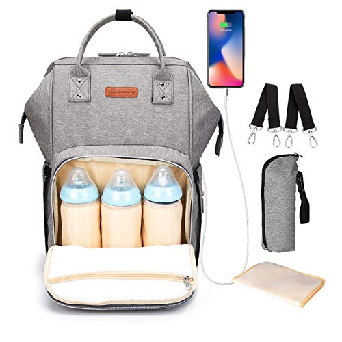 Pañal Bolso Mochila, Gran Capacidad Mochila de Pañales Bolso de Viaje, Impermeable Bolsa de Pañales con Aislado Bolsillos para Cuidado de Bebé y Mamá-Gris