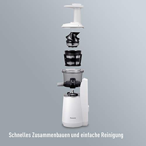 Panasonic MJ-L501WXE Slow Juicer, Extractor de zumo sin hojas, diseño compacto y elegante, alta silenciosidad, acabado suave, 150 W, 63 decibelios, blanco