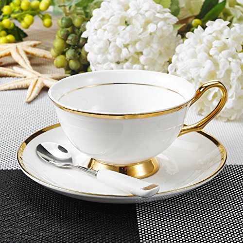 Panbado Juego de Tazas de Café de China de Hueso, 200ml, Taza de Café de Porcelana Blanca y Translúcida Vajilla de Té para Hogar, Oficina, Restaurante, Regalo para Cumpleaños, Festival - Borde Dorado