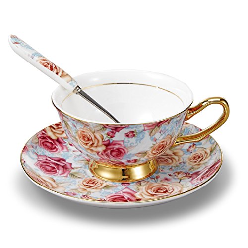 Panbado Juego de Tazas de Café de China de Hueso, 200ml, Tazas de Café de Porcelana Blanca y Translúcida Vajilla de Té para Hogar, Oficina, Restaurante, Regalo para Cumpleaños, Festival - Flores