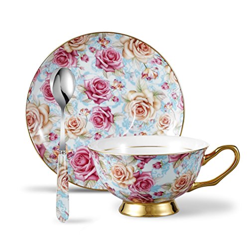 Panbado Juego de Tazas de Café de China de Hueso, 200ml, Tazas de Café de Porcelana Blanca y Translúcida Vajilla de Té para Hogar, Oficina, Restaurante, Regalo para Cumpleaños, Festival - Flores