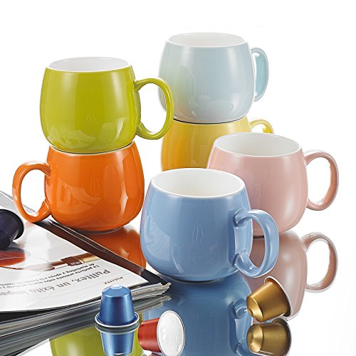 Panbado Juego de Tazas de Porcelana de 6 Piezas Tazas de Cerámica de 6 Colores Tazas de Café/Té para Desayuno, Fiesta, Oficina, 375 ml (13,5 * 10 * 8,5 cm), Regalo para Cumpleaños, Festival