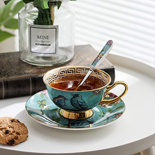 Panbado Tazas de Café de China de Hueso, 200ml, Juego de Café de Porcelana Blanca y Translúcida Tazas de Té para Hogar, Oficina, Restaurante, Regalo para Cumpleaños, Festival - Flores y Pájaros, Azúl