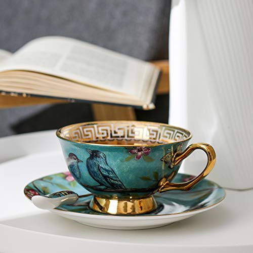 Panbado Tazas de Café de China de Hueso, 200ml, Juego de Café de Porcelana Blanca y Translúcida Tazas de Té para Hogar, Oficina, Restaurante, Regalo para Cumpleaños, Festival - Flores y Pájaros, Azúl