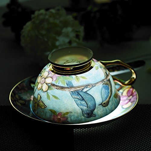 Panbado Tazas de Café de China de Hueso, 200ml, Juego de Café de Porcelana Blanca y Translúcida Tazas de Té para Hogar, Oficina, Restaurante, Regalo para Cumpleaños, Festival - Flores y Pájaros, Azúl