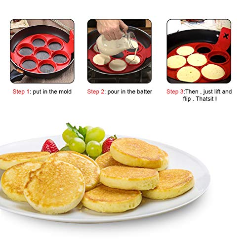 Pancake Moldes Silicona, 7 Ring Molde Formas, Molde de Frito Reutilizable Silicone Antiadherente Pancake Maker Anillo de huevo Hacer un Pastel Rápidamente