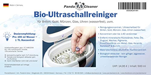 Pandacleaner® Limpiador por ultrasonidos para baño ultrasónico – Concentrado para gafas, joyas, productos dentales, oro, monedas, cristal, relojes (resistente al agua) y mucho más. 1 l, 2 l, 3 L.