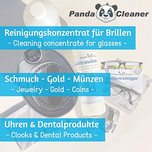 Pandacleaner® Limpiador por ultrasonidos para baño ultrasónico – Concentrado para gafas, joyas, productos dentales, oro, monedas, cristal, relojes (resistente al agua) y mucho más. 1 l, 2 l, 3 L.