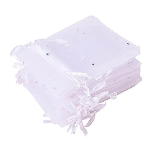 PandaHall 100pcs Bolsas de Organza con Lentejuelas y Cintas 9x7cm para Joyas Caramelo Dulces Regalo Recuerdo Favores Detalles de Boda Navidad Halloween(Blanco)