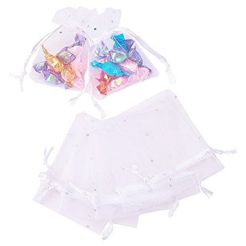 PandaHall 100pcs Bolsas de Organza con Lentejuelas y Cintas 9x7cm para Joyas Caramelo Dulces Regalo Recuerdo Favores Detalles de Boda Navidad Halloween(Blanco)