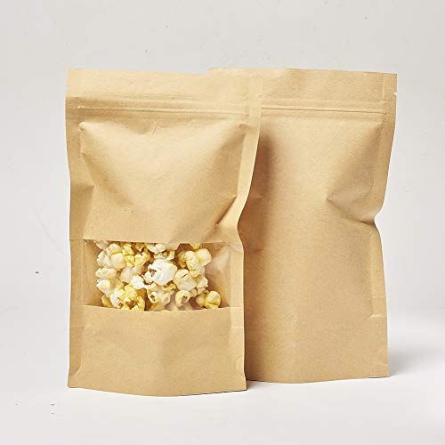 PandaHall 46Pcs Kraft Bolsa Papel con Cierre Zip, Reutilizable de Bolsa de pie con Ventana Transparente y Muesca del rasgón del lacre para Guardar, Galleta, Alimentos secados, Aperitivos